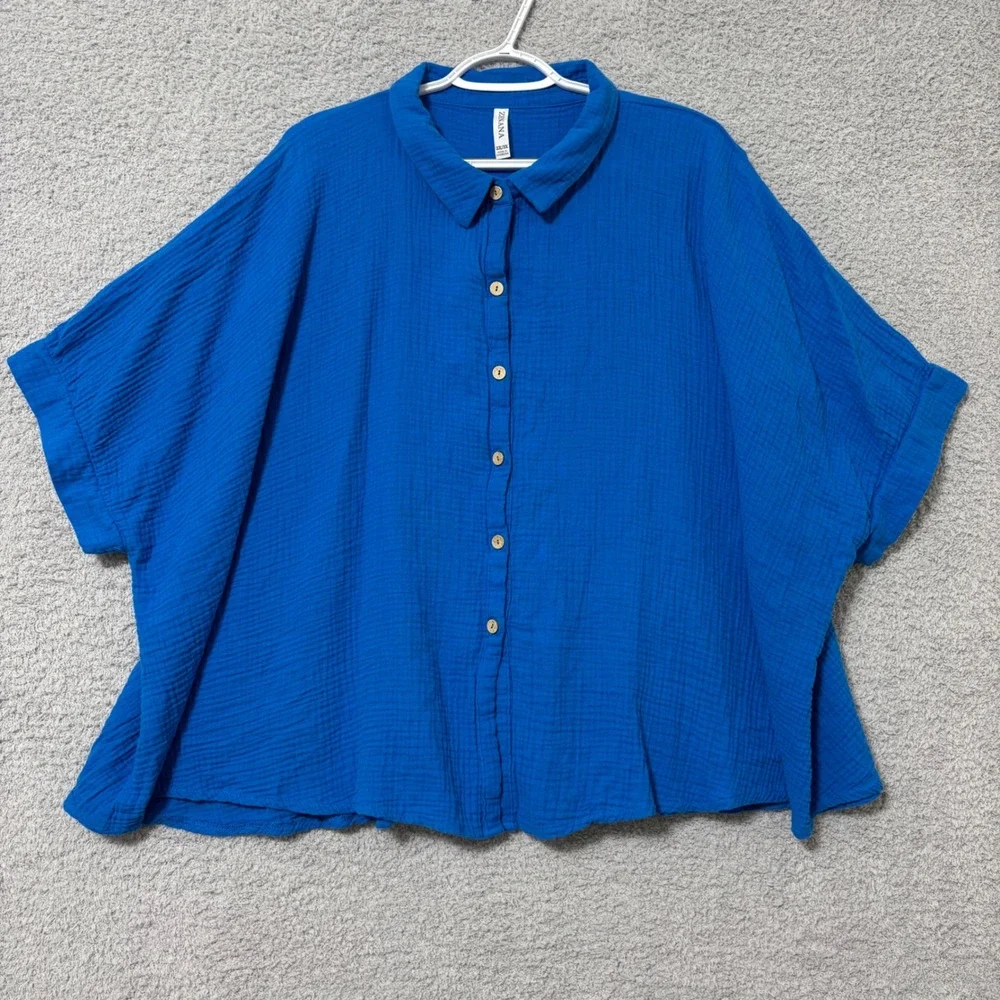 Oversized Cotton Gauze Button Up Shirt Lightweight Relaxed Fit 2X/3X Royal Blue - Picture 1 of 11